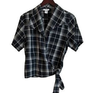 Avenue‎ Women Top 16 Black White Plaid Short Sleeve Wrap Tie Academia Preppy